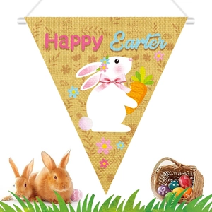 Happy Easter Bunny Door Hanger Burlap Hanging Flag Rabbit Carrot Floral Wall Decor Holiday Party Welcome Sign