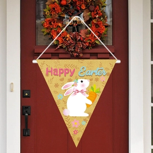 Happy Easter burlap door banner with hand-drawn bunny and carrot floral pattern decoration