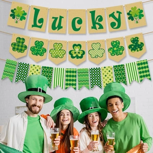 St. Patrick's Day Burlap Lucky Banner and Green Clover Pennants for Party Decor