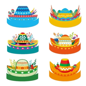 Set of 6 colorful Mexican Sombrero paper party hats with cactus and chili designs