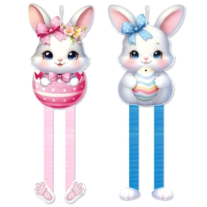 Cute Easter bunny hanging decorations with colorful eggs and long ribbon legs for party decor