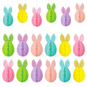 Colorful Easter honeycomb ball ornaments with glitter rabbit ears in 18 pieces set