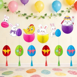 Colorful Easter honeycomb decorations set with rabbit and egg paper ornaments for party decor