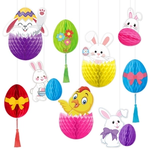 Easter honeycomb paper hanging ornaments set with colorful rabbits, chicks and festive eggs