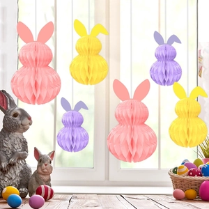 Lanternes lapin de Pâques alvéolées rose, jaune et violet pour décorations de fête