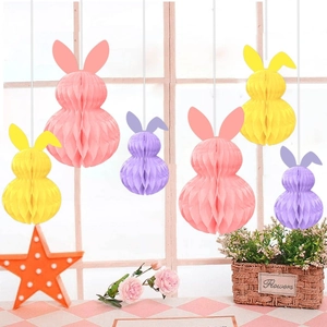 Lot de 6 décorations de Pâques lapin en papier alvéolé rose jaune et violet pour la fête