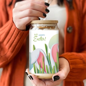 Easter bunny glass can with bamboo lid and straw featuring a festive Happy Easter design