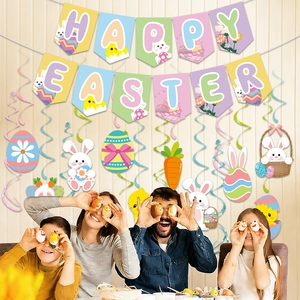 Set de décoration de Pâques avec bannière Happy Easter et spirales lapin et œuf colorées
