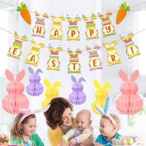 Kit décoration fête Pâques avec bannière lapin Happy Easter et boules alvéolées