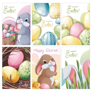 Set of 6 Easter bunny and egg stickers with Happy Easter greetings for festive decoration