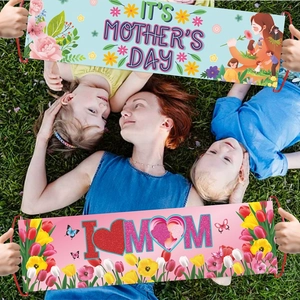 Mother's Day handheld banners with colorful floral designs and I Love Mom text