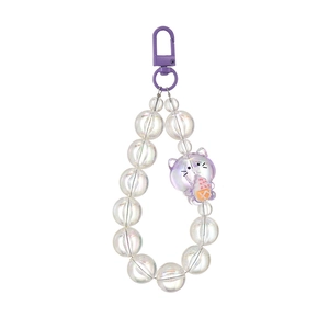 Iridescent beaded keychain featuring a purple cat holding ice cream with a metal clasp