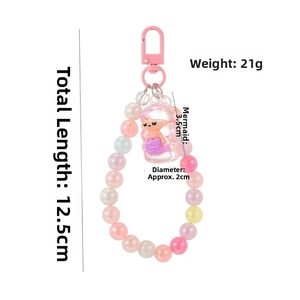 Pink mermaid beaded phone strap with size details 12.5cm total length and 21g weight