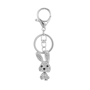Sparkling crystal encrusted rabbit keychain in silver finish with metal ring