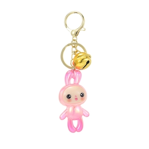 Cute pink translucent bunny acrylic keychain with gold ring and bell accessory