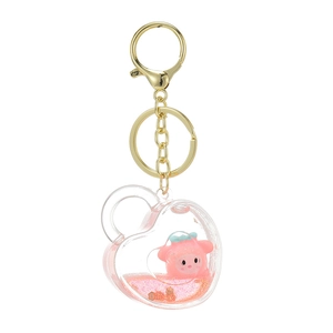 Porte-clés cœur à paillettes liquides avec figurine de dessin animé rose mignonne