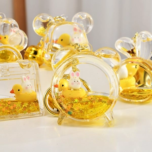 Keychain Pendant Acrylic Liquid Quicksand Floating Rabbit Duck Miniatures With Golden Bell Bag Accessory Novelty Cartoon Style