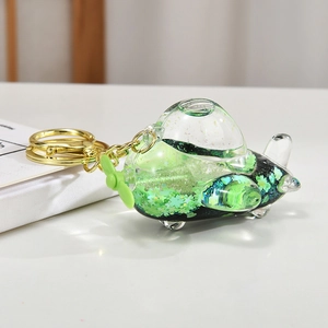 Macro detail of acrylic airplane keychain with sparkling green quicksand and liquid inside
