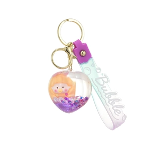 Cute heart-shaped liquid quicksand keychain with yellow duck and purple sequins