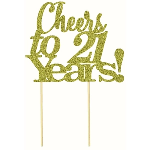 Décoration de gâteau dorée scintillante 'Cheers to 21 Years!' pour anniversaire