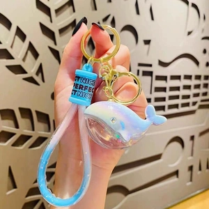 Creative Acrylic Whale Liquid Sand Keychain Gradient Quicksand Moving Glitter Star Pendant With Gold Bell Keyring For School Bag Women Gift