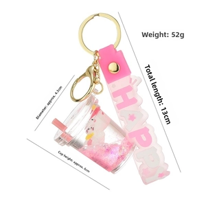 Pink liquid sand rabbit keychain with measurements 13cm length and 52g weight detail