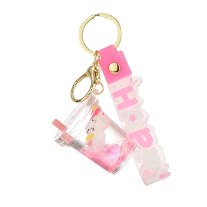 Pink rabbit liquid quicksand keychain with happy wristlet strap and glitter cup pendant
