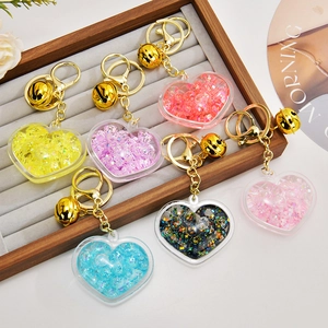 Heart Shape Keychain Acrylic Liquid Quicksand Sequin Bell Luminous Bag Pendant Cute Gift Accessory