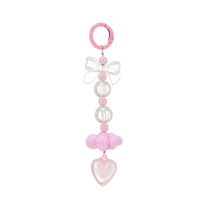 Pink beaded heart and bow acrylic keychain charm for bag decoration with Y2K aesthetic