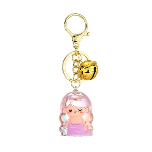 Cute acrylic mermaid keychain with pink resin pendant, golden metal clip and small bell