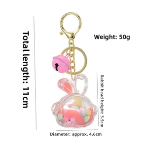 Detailed view of rabbit keychain with pink liquid, colorful beads, and golden metal clasp