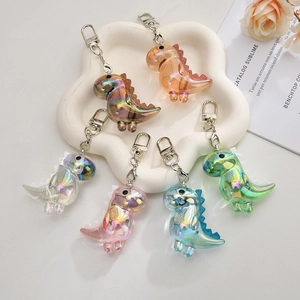 Set of 6 colorful dinosaur acrylic keychains with iridescent laser coating and metal rings