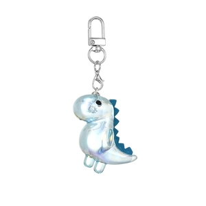 Iridescent blue acrylic dinosaur keychain with silver metal clip and rainbow gradient effect