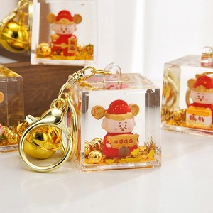 Creative Caishen god of wealth floating glitter keychain with golden liquid acrylic cube