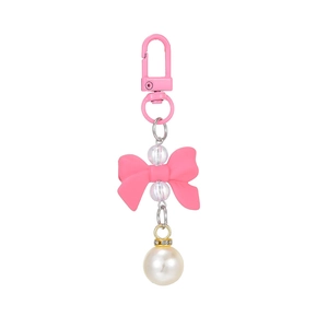 Pink bow keychain with macaron charm, iridescent beads and large pearl for bags