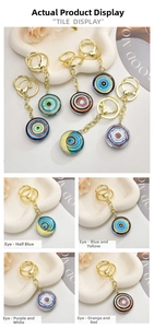 Detailed view of evil eye keychains in blue, yellow, purple, and orange glass styles