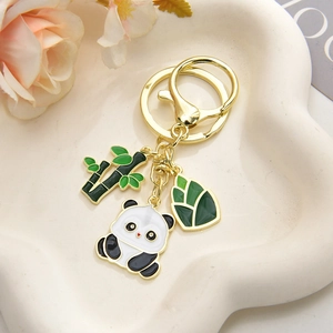 Cute panda and bamboo metal keychain with gold finish for bags and keys hanging