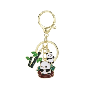 Chinese panda and bamboo metal keychain with golden lobster clasp and enamel charms