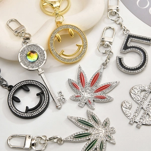 Macro shot of assorted rhinestone-inlaid keychains with lucky charms and lobster clasps
