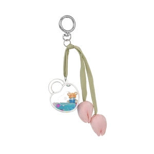 Cute liquid oil bear charm with acrylic tulip drift bottle and green fabric strap keychain