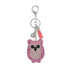 Pink rhinestone owl keychain with leather tassel and silver lobster clasp for women