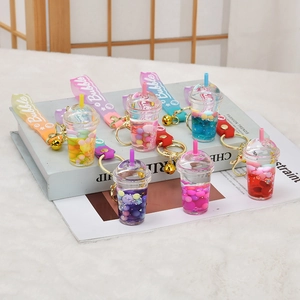 Colorful bubble tea cup keychain set with moving liquid sand and sequins for bags