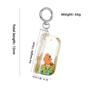 Detail shot of car-shaped capybara liquid keychain with sequins and dimensions info