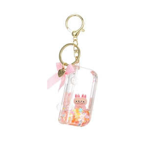 Car-shaped acrylic liquid quicksand keychain with pink rabbit doll and gold metal hook