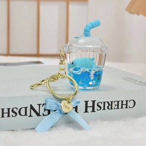 Creative dolphin liquid keychain in mini blue drink cup with glitter and love charm