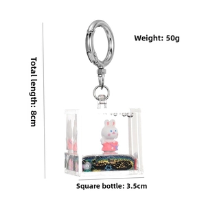 Detail view of acrylic bunny keychain with dimensions 8cm height and 3.5cm bottle width