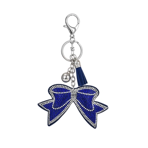 Deep blue rhinestone bow keychain with matching silk tassel and silver-polished keyring