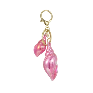 Pink iridescent conch shell keychain with gold metal lobster clasp and ring accessories