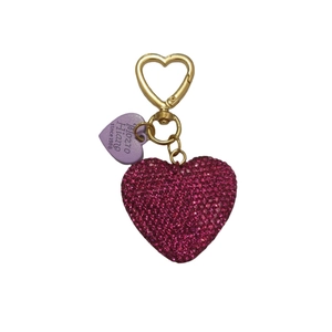 Sparkling pink rhinestone heart keychain with gold heart-shaped spring clasp and lilac tag