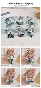 Detailed views of liquid panda keychains with glitter and colorful charms